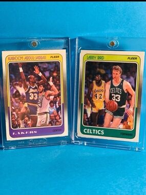 Vintage 1988 Fleer Larry Bird + Kareem Abdul-Jabbar basketball cards